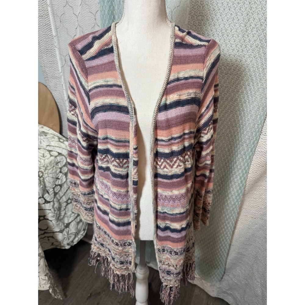American Rag Pink Purple Blue Knit Aztec BOHO Open Cardigan Tassels 1X